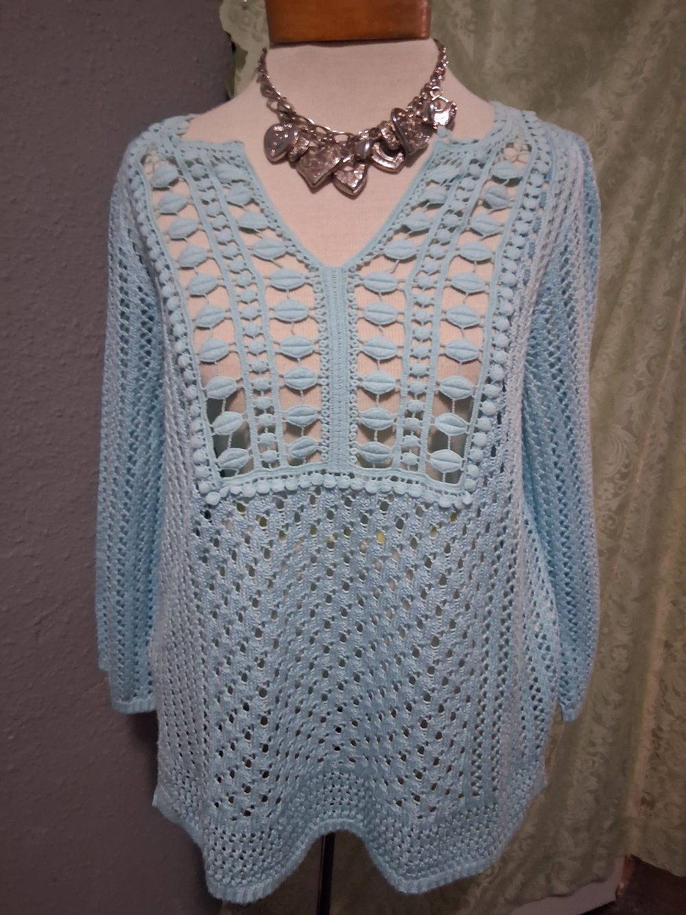 Chicos Sweater Blue Open Knit 3/4 Sleeve